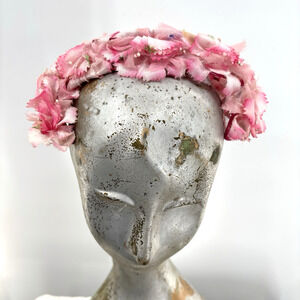 Vtg 1940s Pink Floral Halo Hat Fascinator Silk Flowers Pearl Accents Union Made